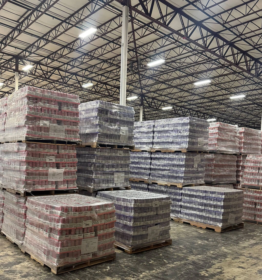 ZOA beverages and food in warehouse